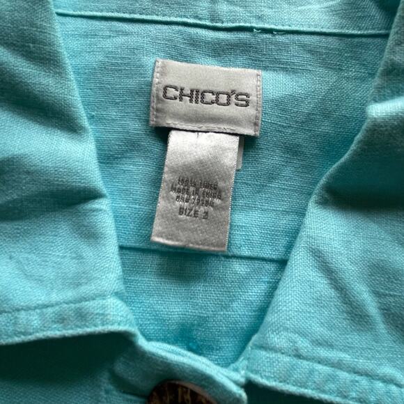 Chicos Jacket 100% Linen Blazer Size 2‎ US L 3/4 Sleeve Pockets Turquoise Blue - Picture 4 of 7